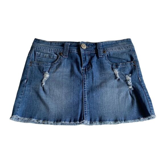 Vintage Hydraulic Distressed Raw Hem Micro Mini Skirt Blue Sz 7/8 - Picture 1 of 12